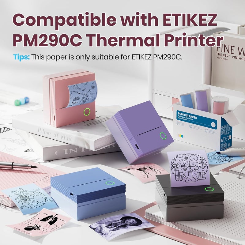 ETIKEZ Genuine Self-Adhesive Thermal Printer Stickers, Compatible with PM290C Mini Sticker Printer, Black on White, 54mmx3.2m Sticker Paper for Journal, Study, Photos, 3 Rolls, Blue/Pink/Purple - Image 3